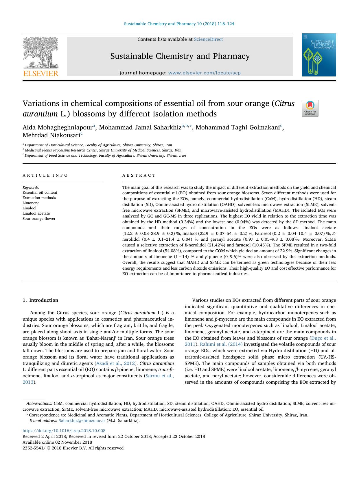 Variations in chemical compositions of essential oil from sour orange (Citrus aurantium L.) blossoms by different isolation methods by Aida Mohagheghniapour & Mohammad Jamal Saharkhiz & Mohammad Taghi Golmakani & Mehrdad Niakousari