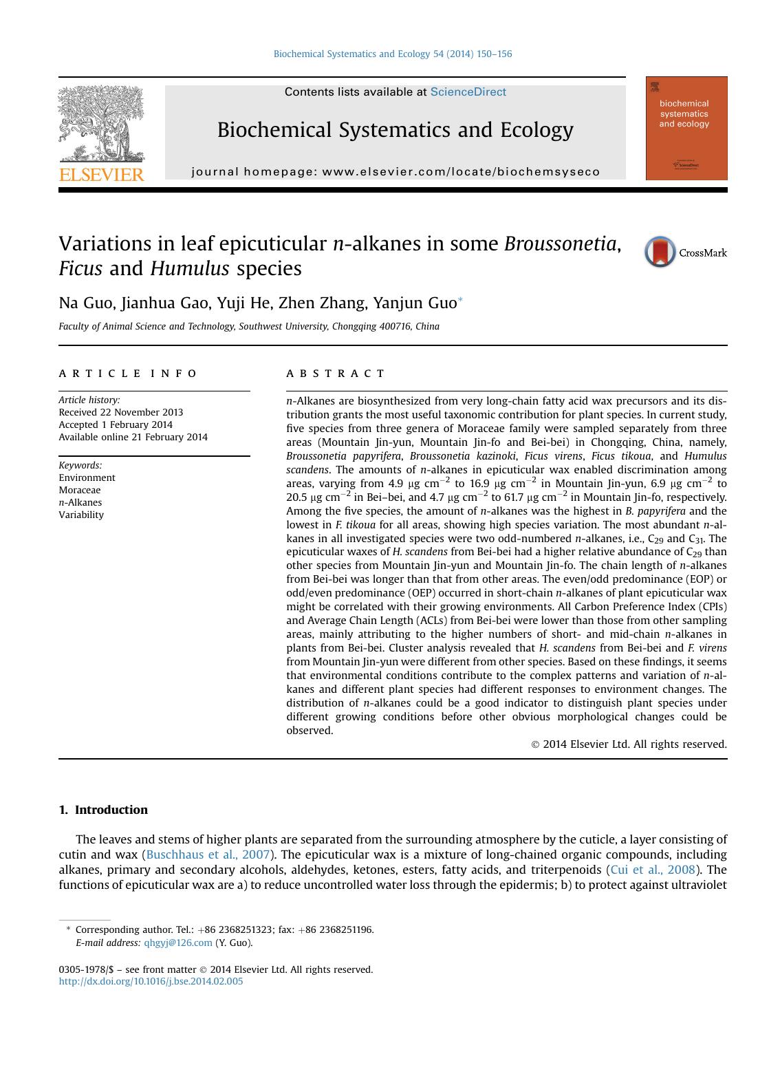 Variations in leaf epicuticular n-alkanes in some Broussonetia, Ficus and Humulus species by Na Guo & Jianhua Gao & Yuji He & Zhen Zhang & Yanjun Guo