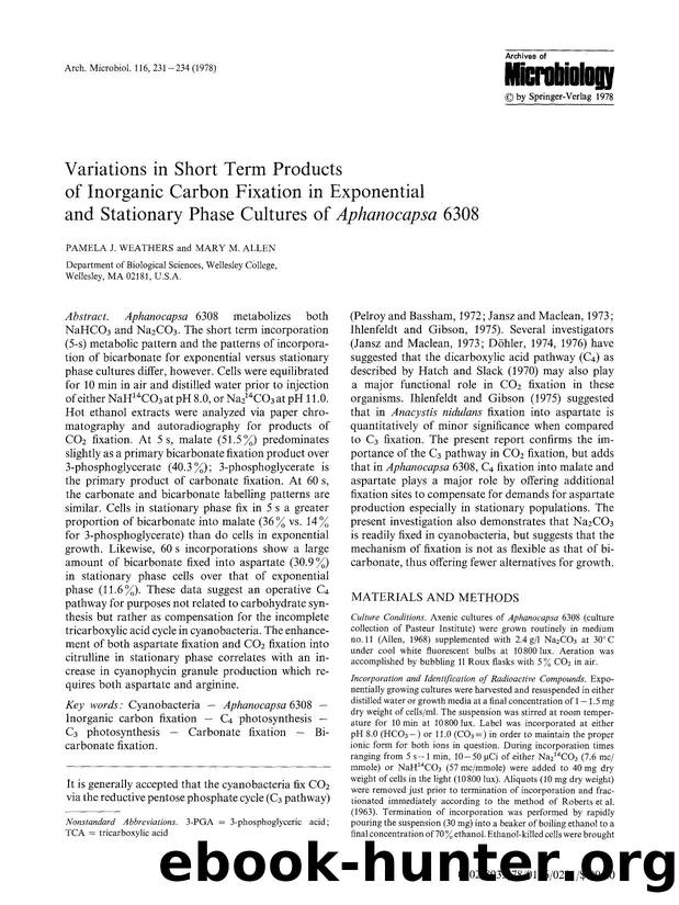 Variations in short term products of inorganic carbon fixation in exponential and stationary phase cultures of <Emphasis Type="Italic">Aphanocapsa<Emphasis> 6308 by Unknown
