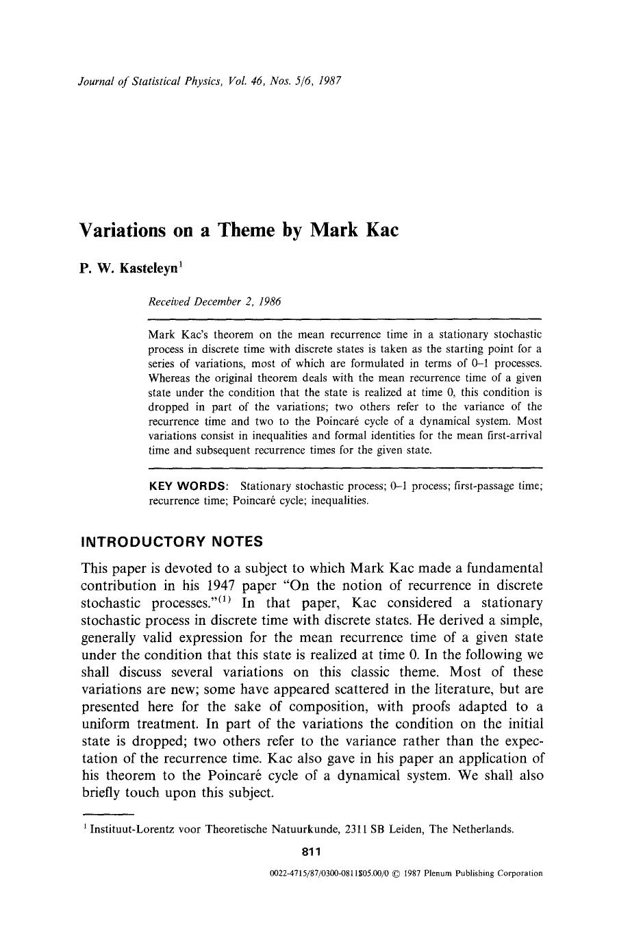 Variations on a theme by Mark Kac by Unknown