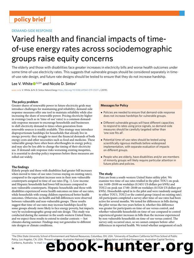 Varied health and financial impacts of time-of-use energy rates across sociodemographic groups raise equity concerns by Lee V. White & Nicole D. Sintov