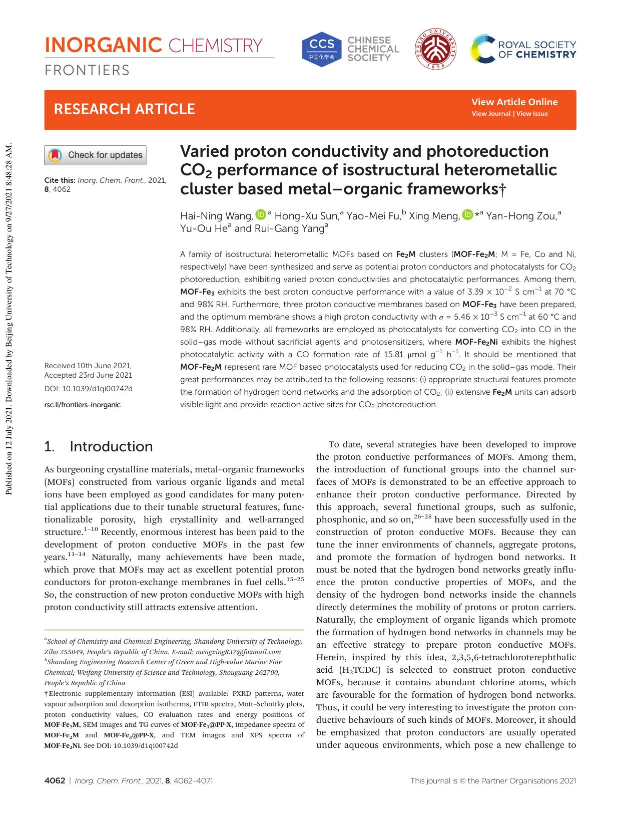 Varied proton conductivity and photoreduction CO2 performance of isostructural heterometallic cluster based metalâorganic frameworks by Hai-Ning Wang Hong-Xu Sun Yao-Mei Fu Xing Meng Yan-Hong Zou Yu-Ou He Rui-Gang Yang