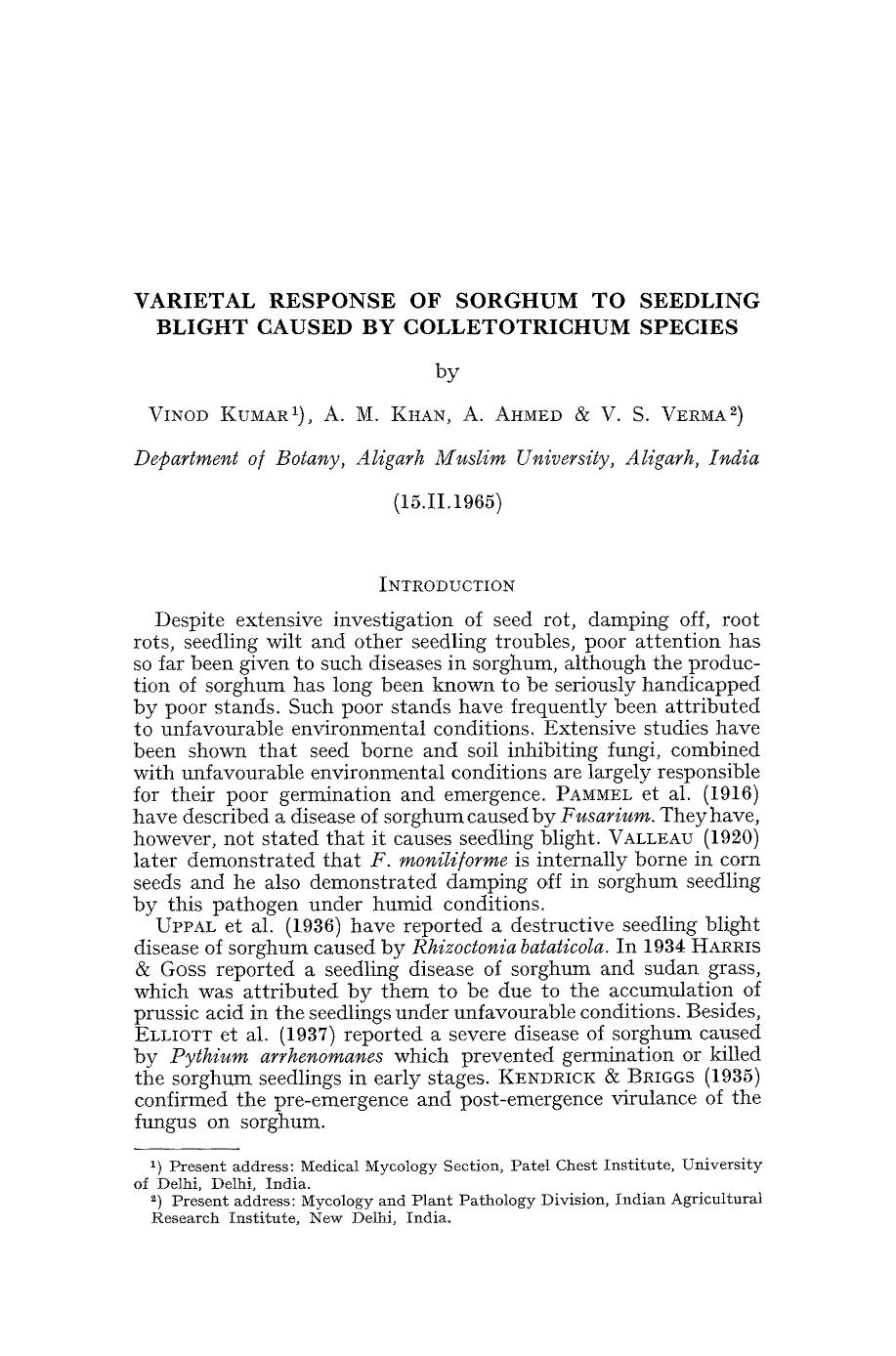 Varietal response of sorghum to seedling blight caused by Colletotrichum species by Unknown