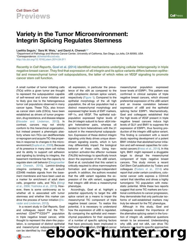 Variety in the Tumor Microenvironment: Integrin Splicing Regulates Stemness by Laetitia Seguin & Sara M. Weis & David A. Cheresh