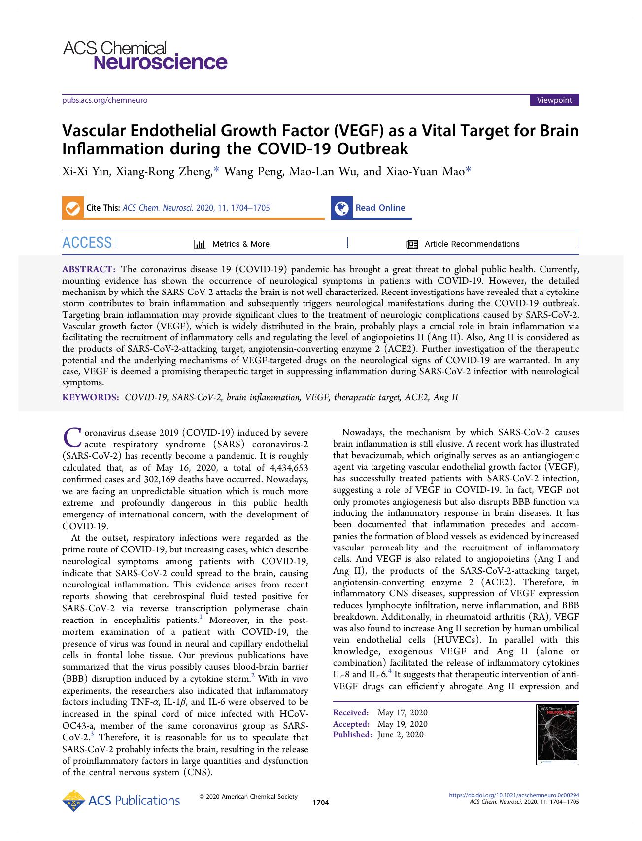 Vascular Endothelial Growth Factor (VEGF) as a Vital Target for Brain Inflammation during the COVID-19 Outbreak by Xi-Xi Yin Xiang-Rong Zheng Wang Peng Mao-Lan Wu and Xiao-Yuan Mao