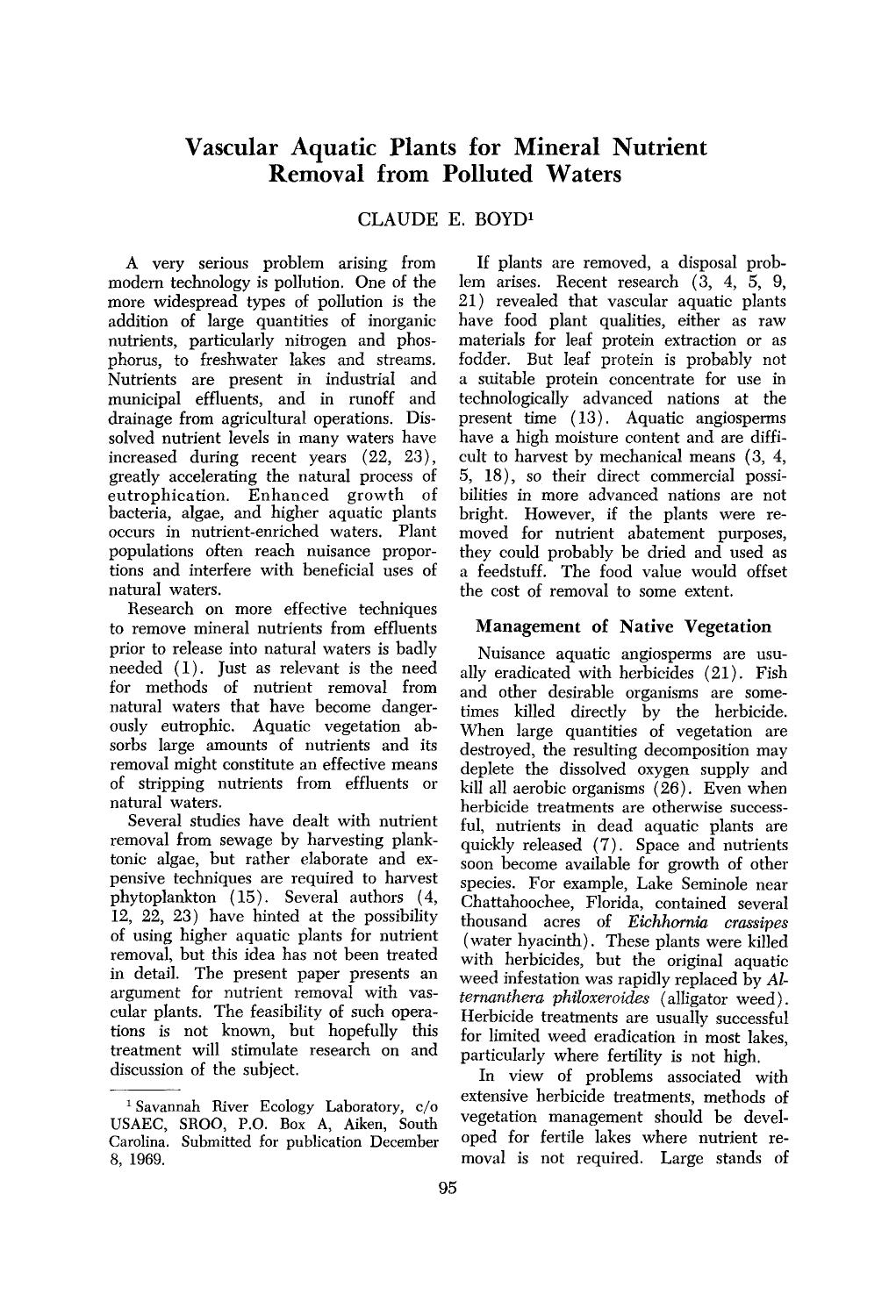 Vascular aquatic plants for mineral nutrient removal from polluted waters by Unknown