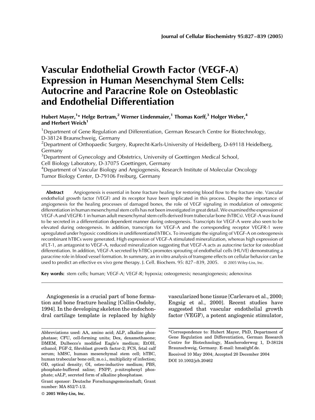Vascular endothelial growth factor (VEGF-A) expression in human mesenchymal stem cells: Autocrine and paracrine role on osteoblastic and endothelial differentiation by Unknown