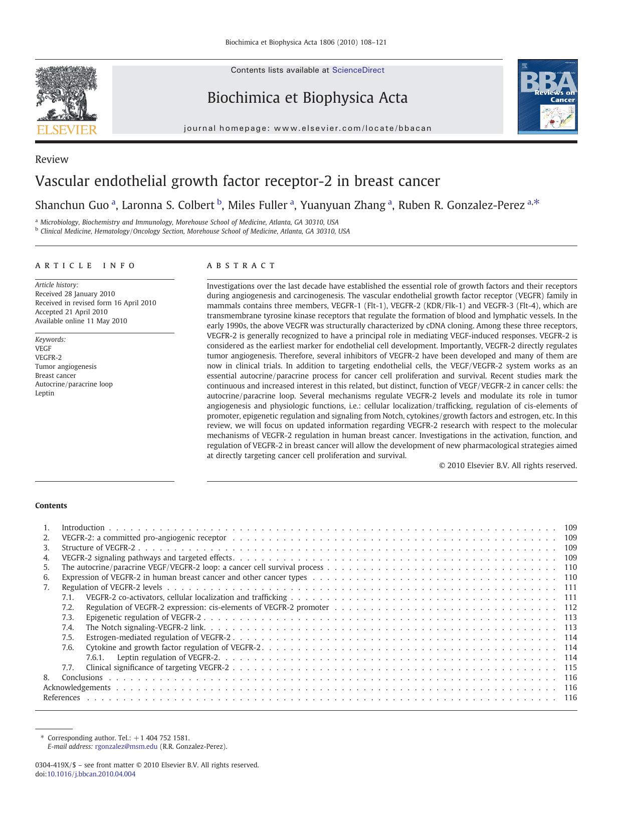 Vascular endothelial growth factor receptor-2 in breast cancer by Shanchun Guo; Laronna S. Colbert; Miles Fuller; Yuanyuan Zhang; Ruben R. Gonzalez-Perez