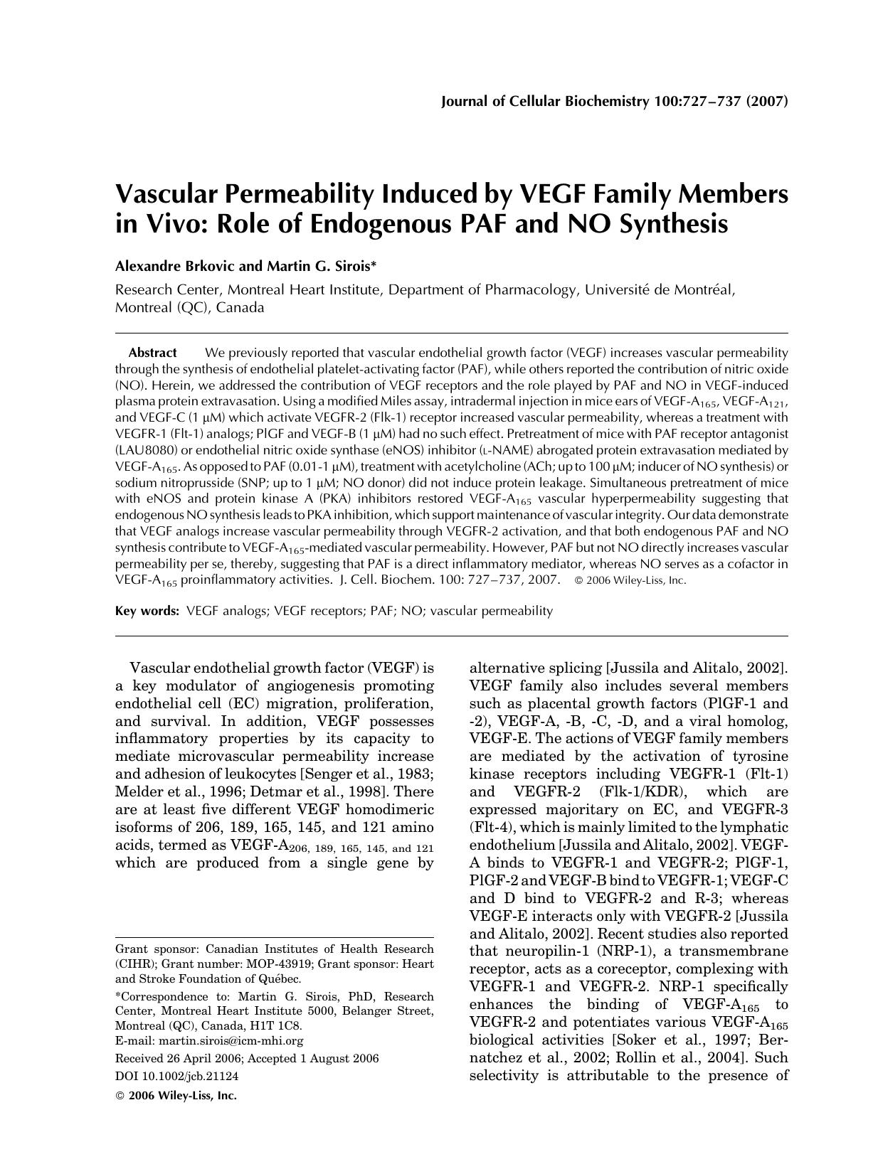 Vascular permeability induced by VEGF family members in vivo: Role of endogenous PAF and NO synthesis by Unknown
