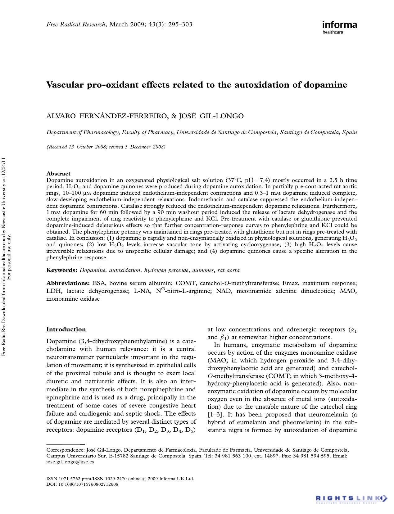 Vascular pro-oxidant effects related to the autoxidation of dopamine by Álvaro Fernández-Ferreiro1 & José Gil-Longo1†