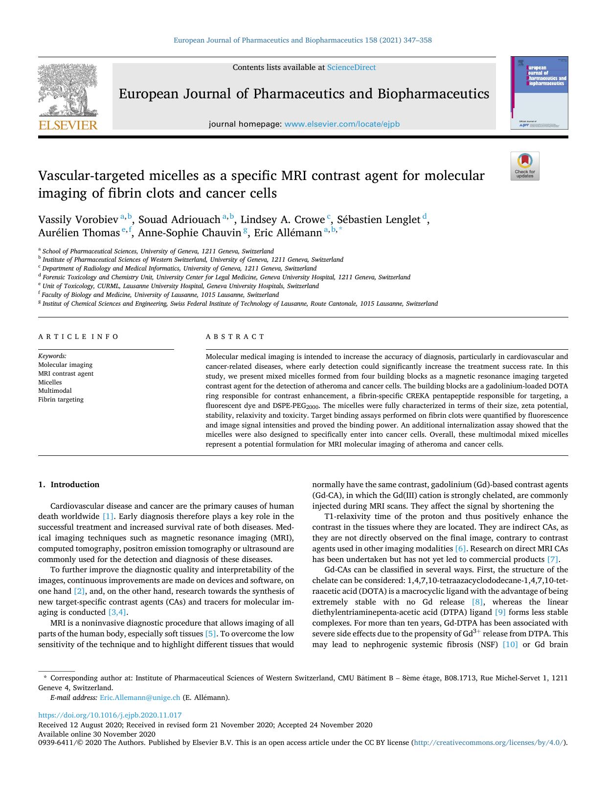Vascular-targeted micelles as a specific MRI contrast agent for molecular imaging of fibrin clots and cancer cells by unknow