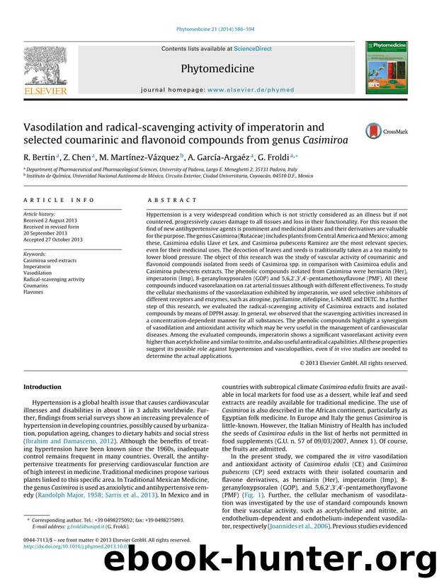 Vasodilation and radical-scavenging activity of imperatorin and selected coumarinic and flavonoid compounds from genus Casimiroa by R. Bertin & Z. Chen & M. Martínez-Vázquez & A. García-Argaéz & G. Froldi