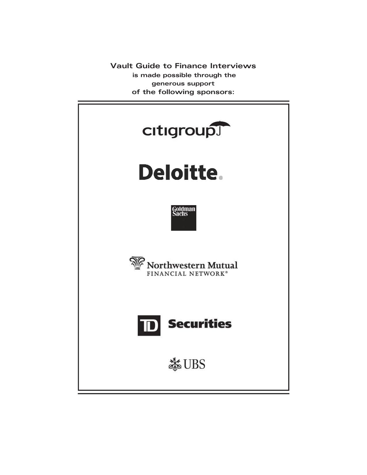 Vault Guide to Finance Interviews by D. Bhatawedekhar Dan Jacobson Hussam Hamadeh