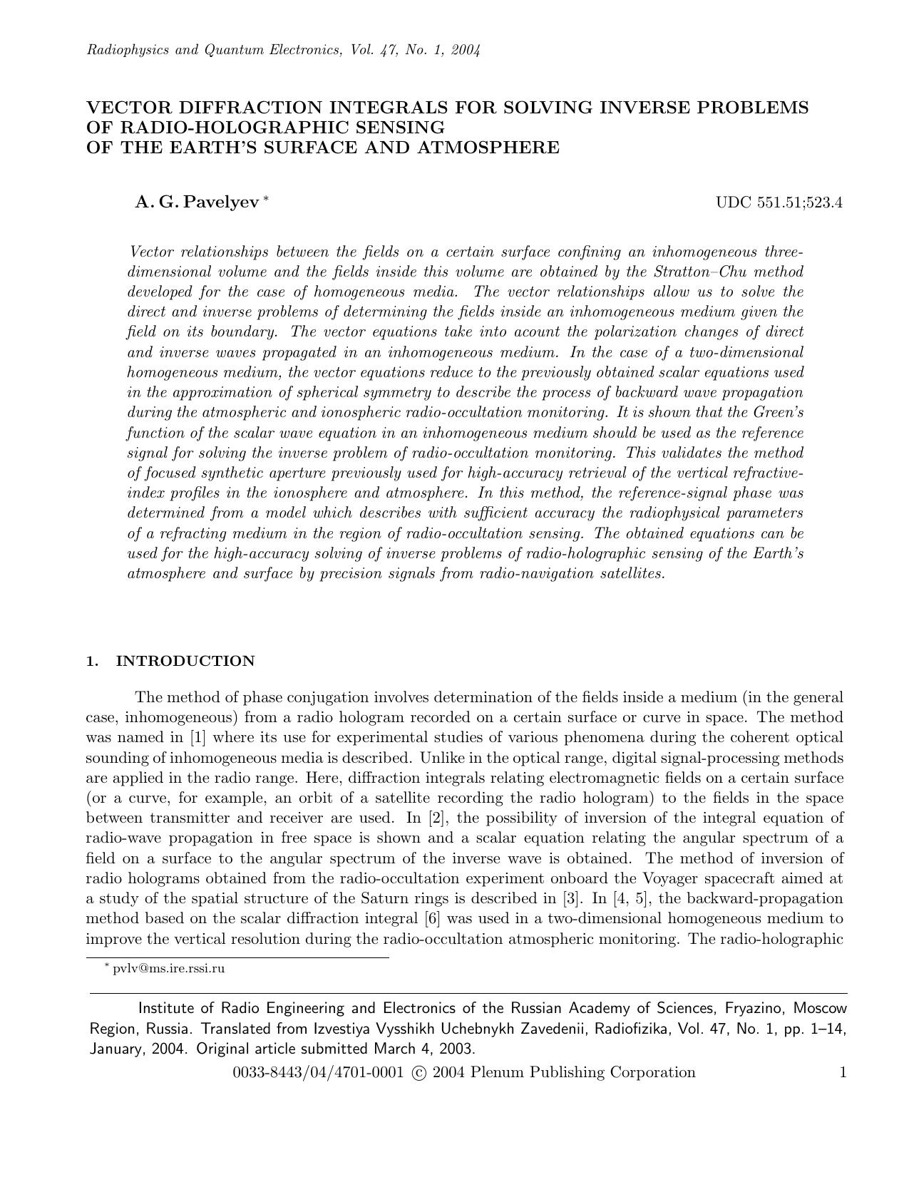 Vector Diffraction Integrals for Solving Inverse Problems of Radio-Holographic Sensing of the Earth's Surface and Atmosphere by Unknown