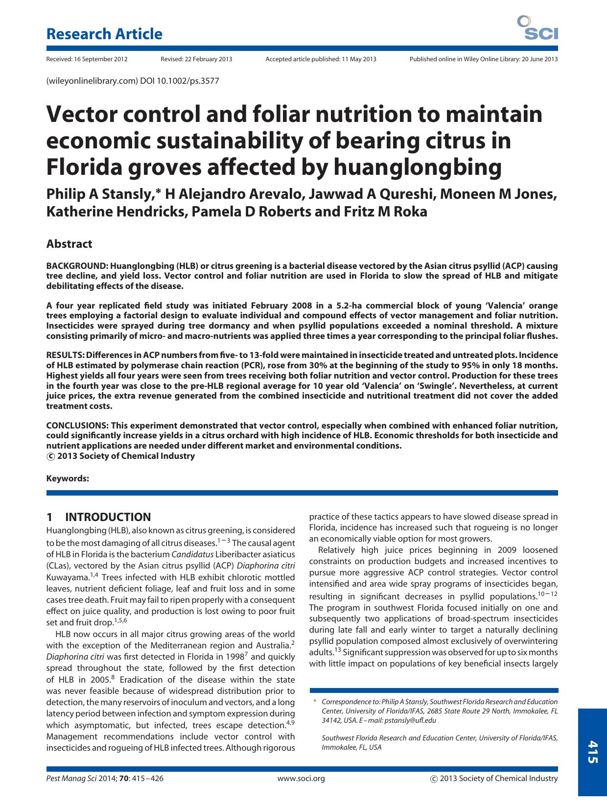 Vector control and foliar nutrition to maintain economic sustainability of bearing citrus in Florida groves affected by huanglongbing by Unknown