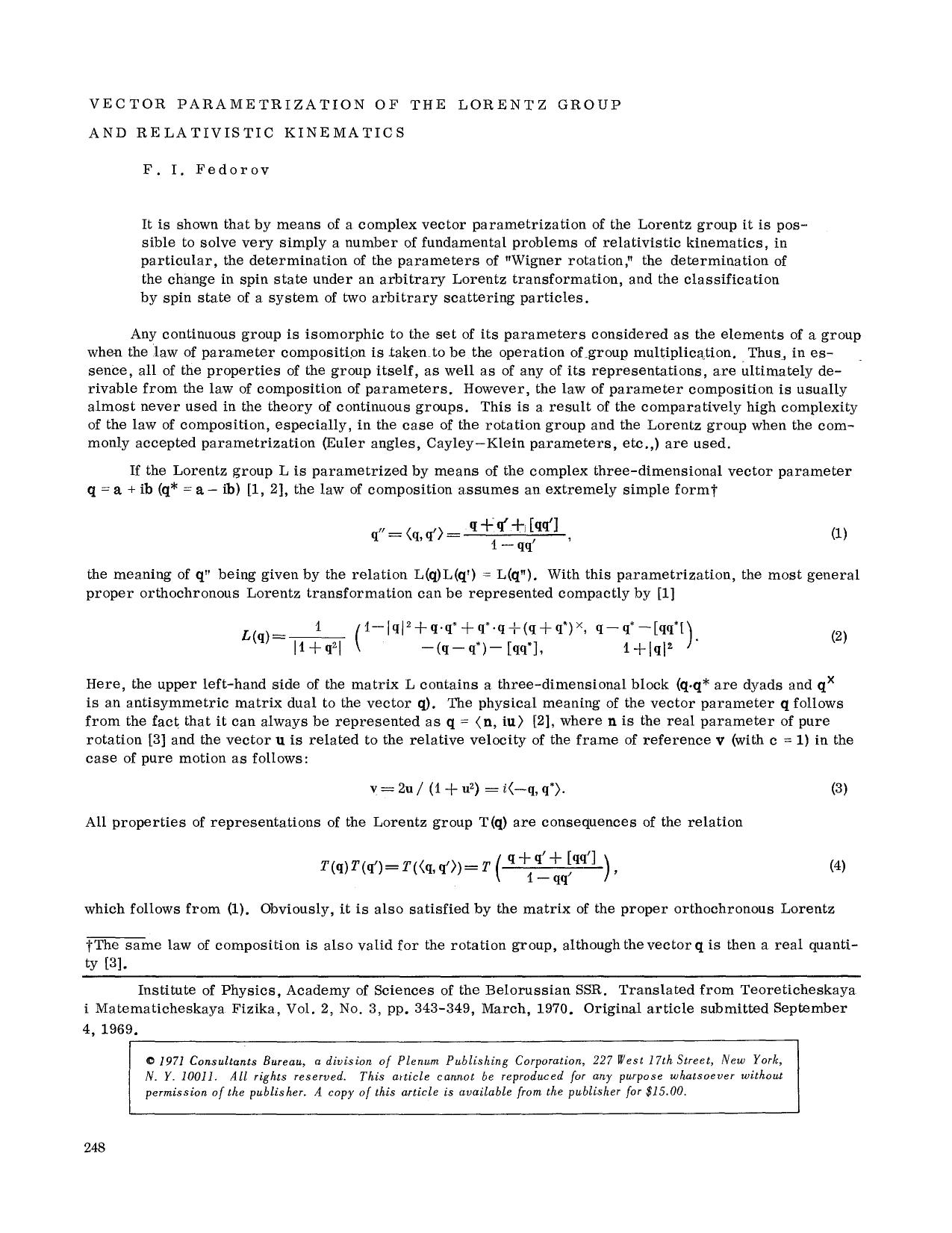 Vector parametrization of the Lorentz group and relativistic kinematics by Unknown