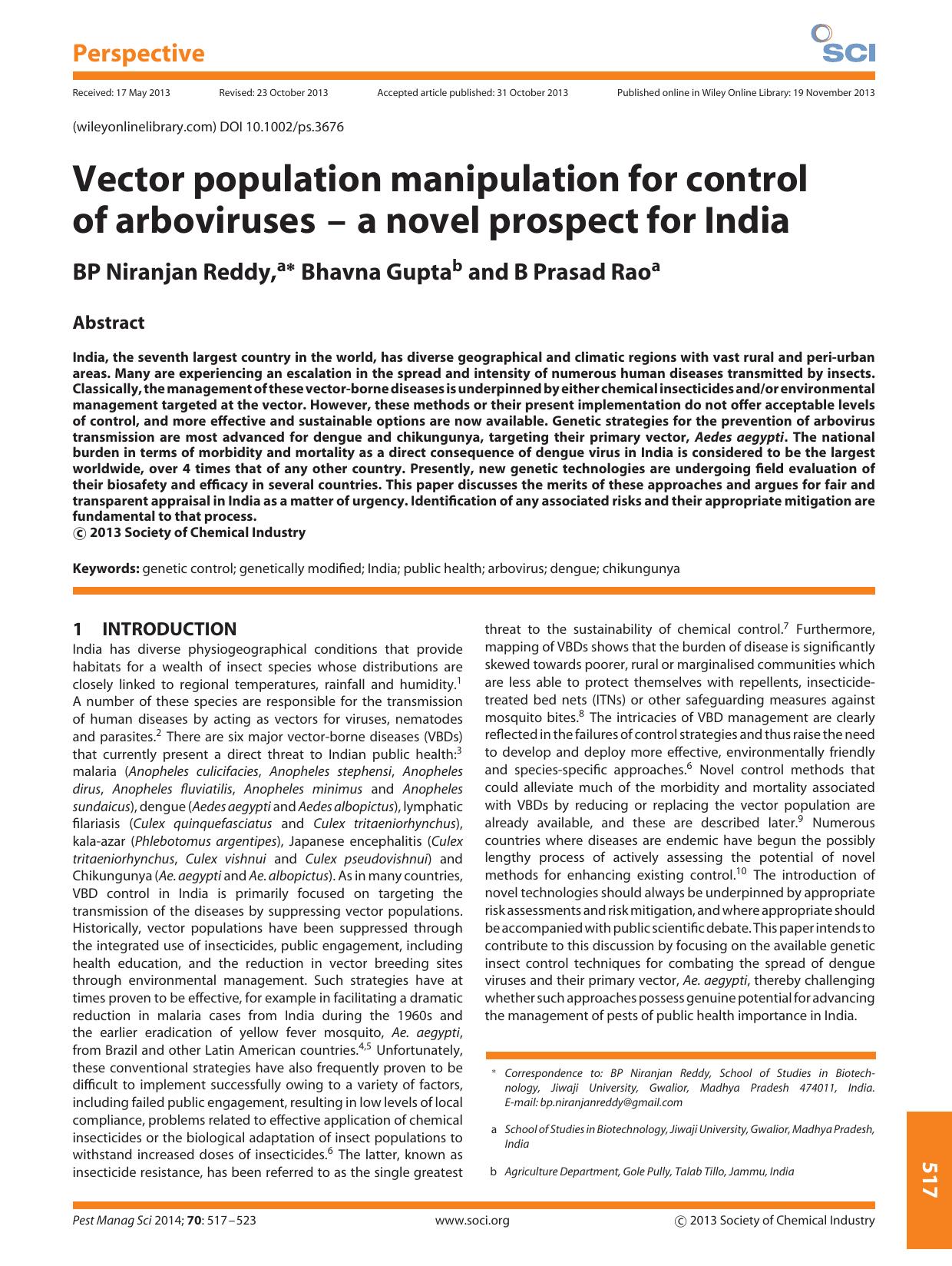 Vector population manipulation for control of arbovirusesâ¬â¬a novel prospect for India by Unknown