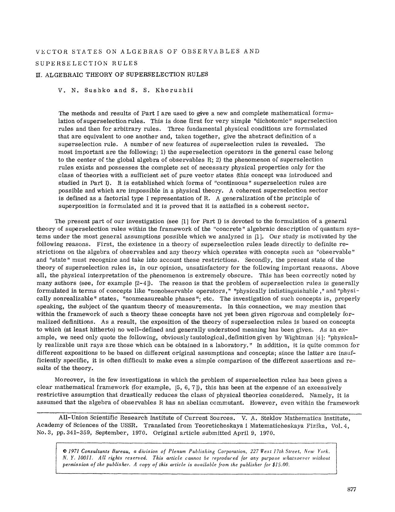 Vector states on algebras of observables and superselection rules by Unknown