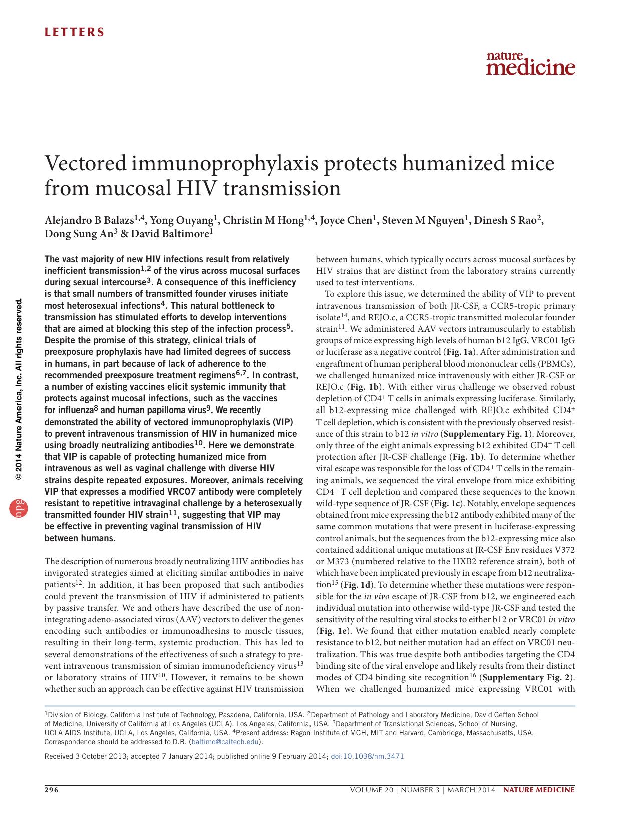 Vectored immunoprophylaxis protects humanized mice from mucosal HIV transmission by unknow