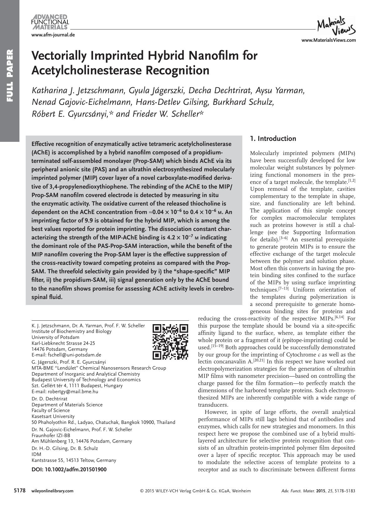 Vectorially Imprinted Hybrid Nanofilm for Acetylcholinesterase Recognition by Unknown