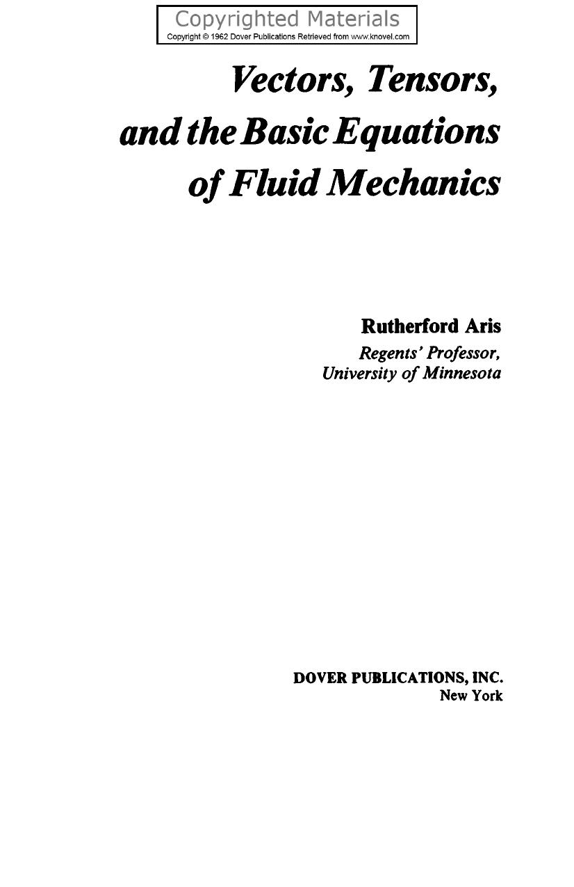 Vectors, Tensors and the Basic Equations of Fluid Mechanics by Rutherford Aris Mathematics