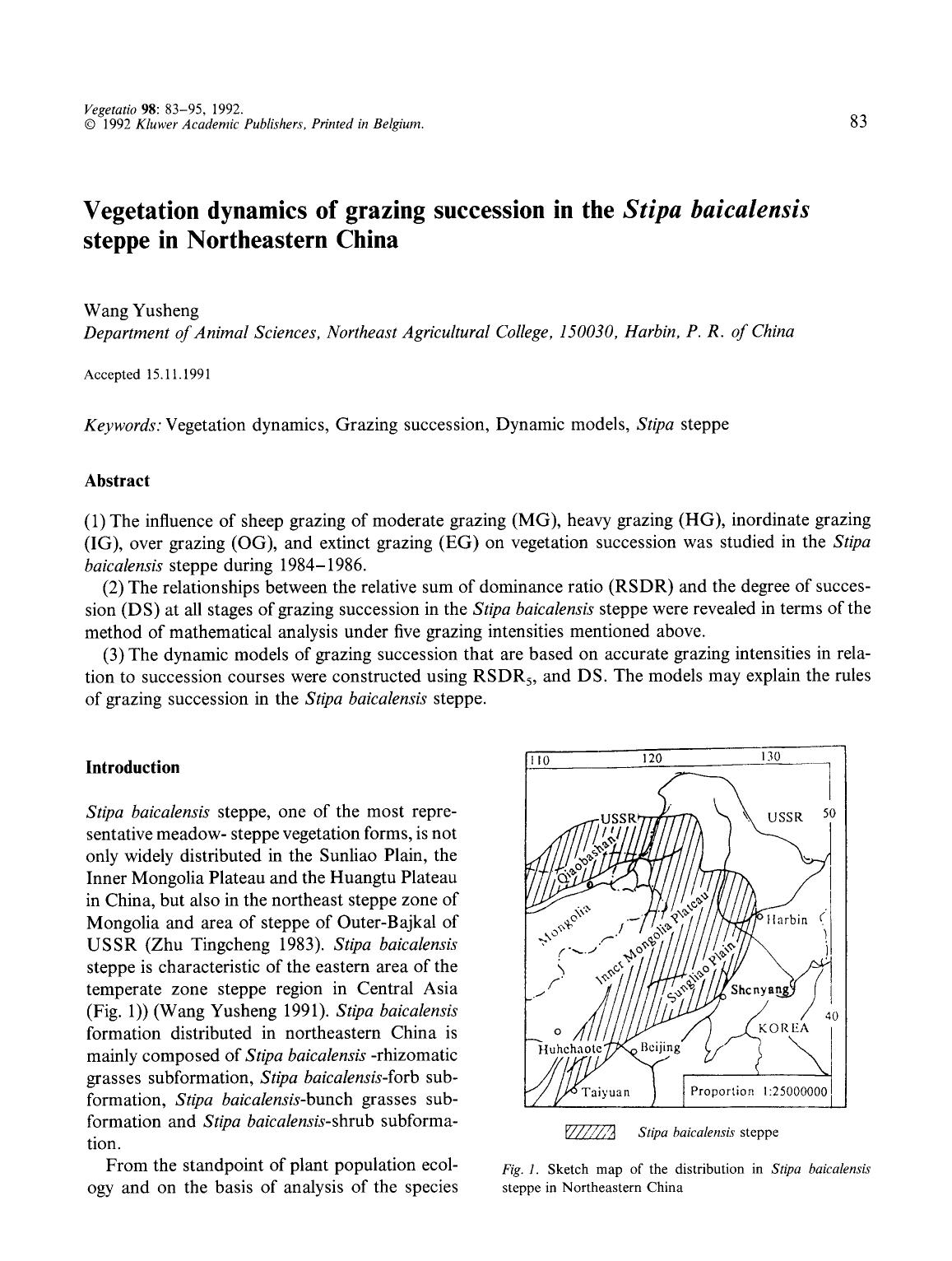 Vegetation dynamics of grazing succession in the <Emphasis Type="Italic">Stipa baicalensis<Emphasis> steppe in Northeastern China by Unknown