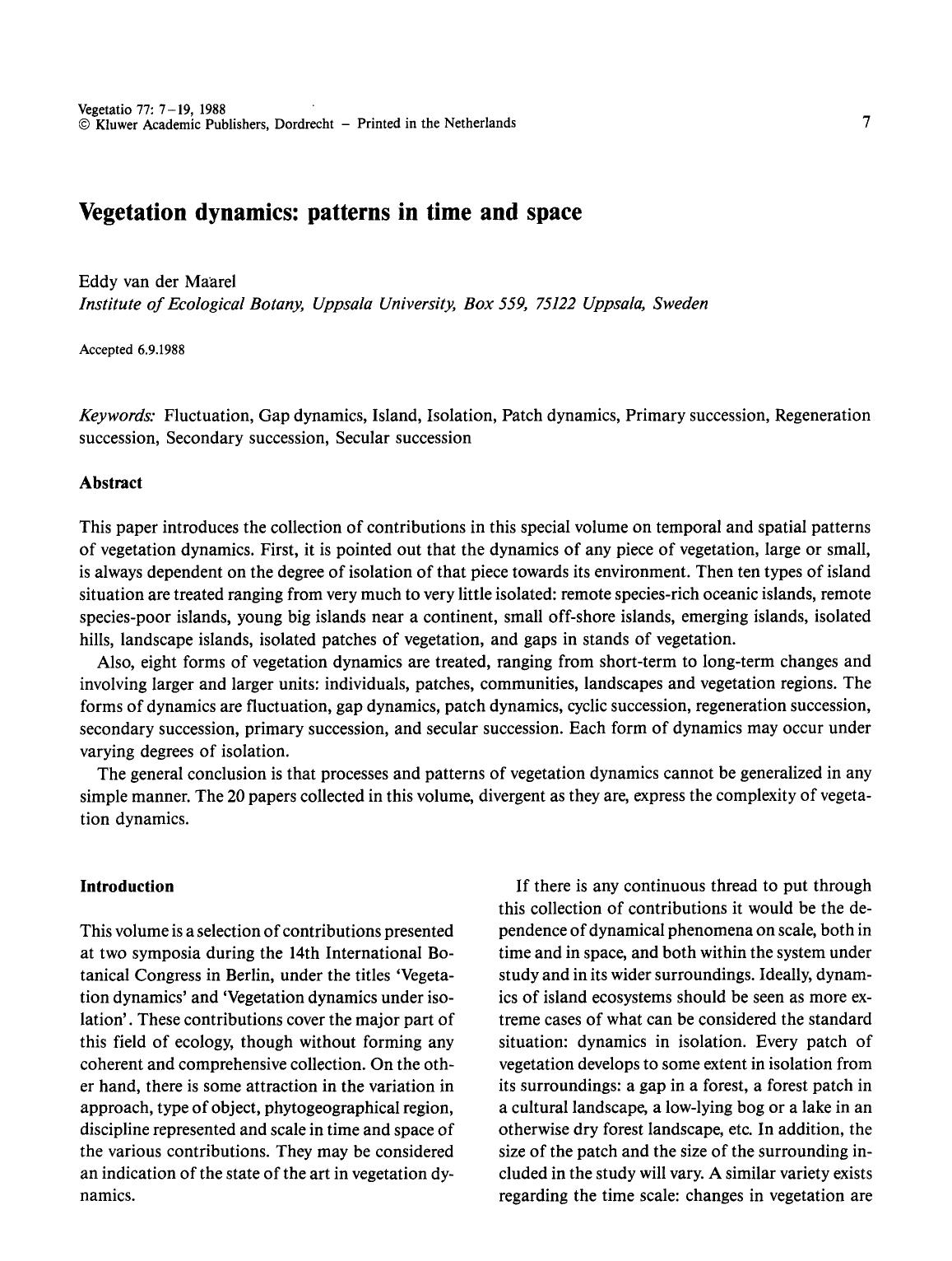 Vegetation dynamics: patterns in time and space by Unknown