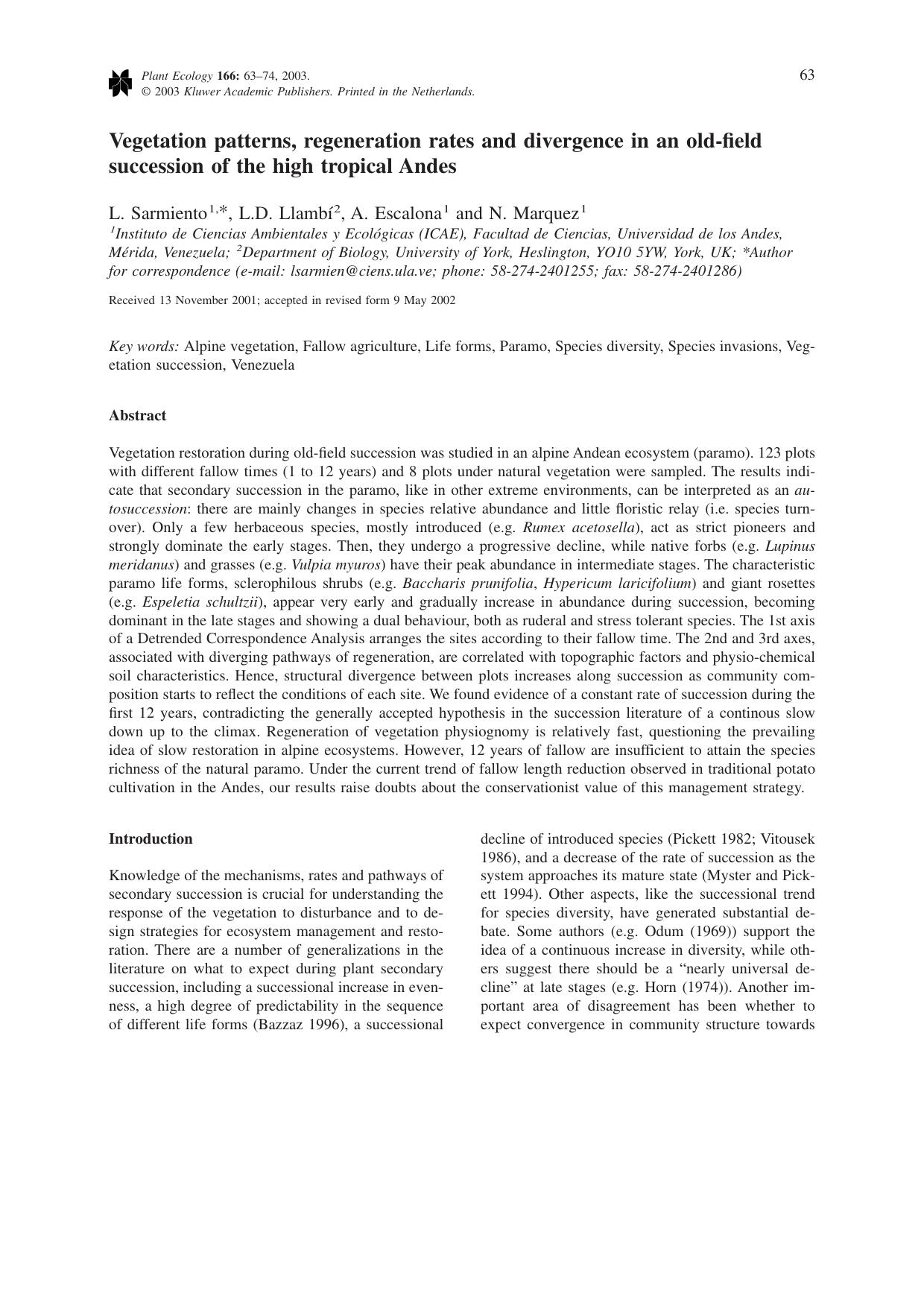 Vegetation patterns, regeneration rates and divergence in an old-field succession of the high tropical Andes by Unknown