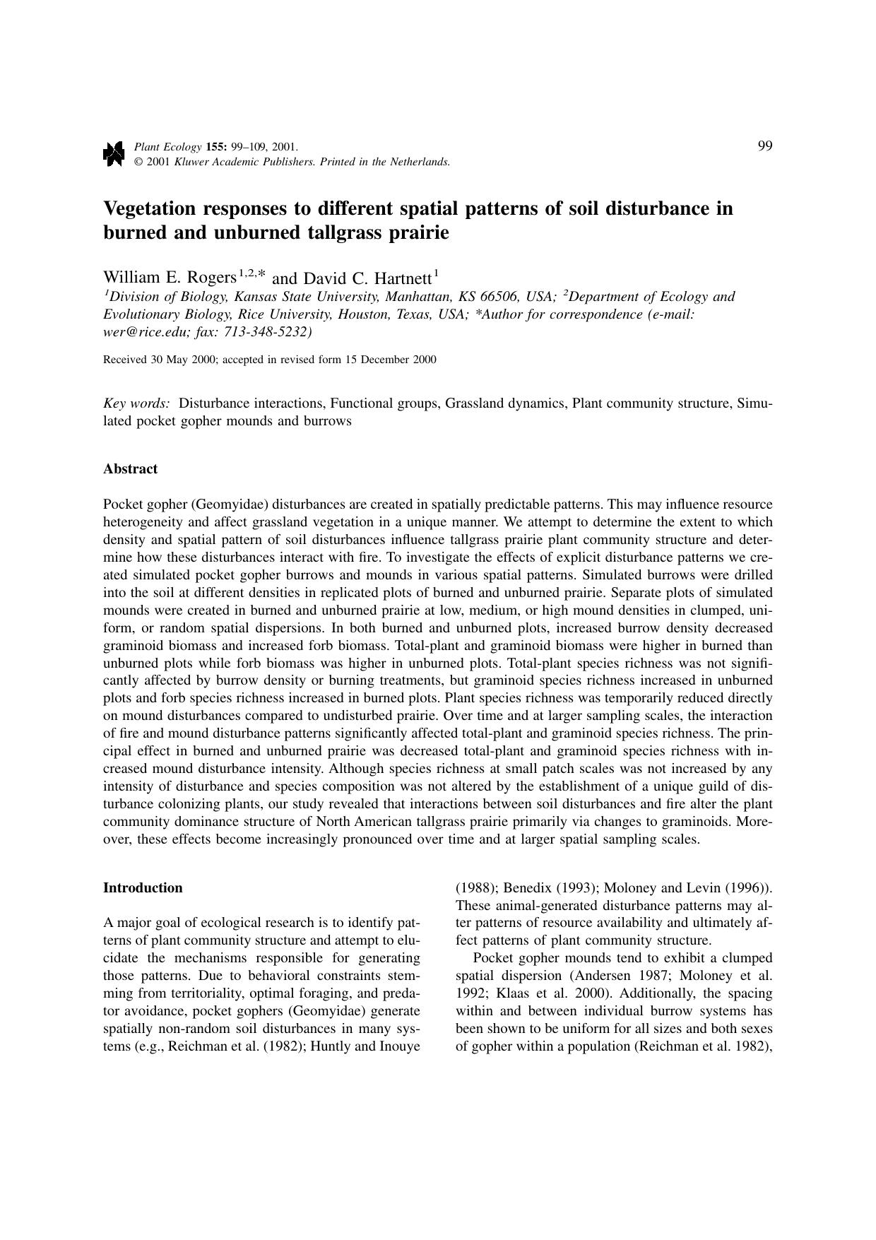 Vegetation responses to different spatial patterns of soil disturbance in burned and unburned tallgrass prairie by Unknown