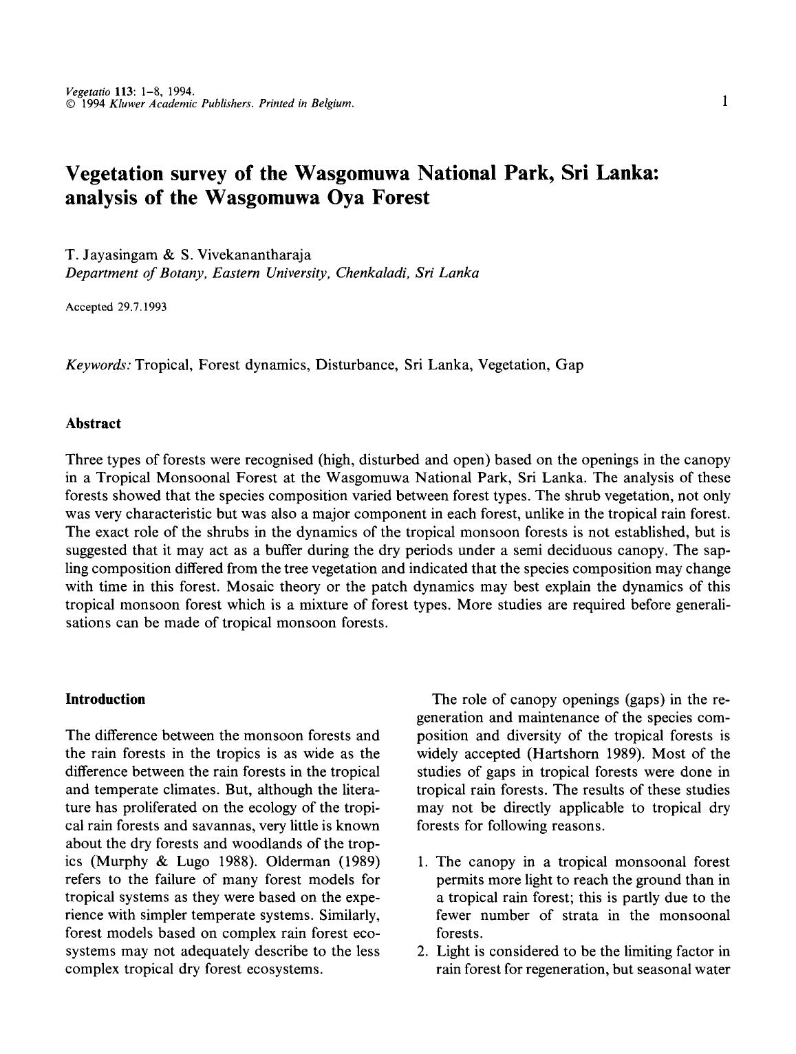 Vegetation survey of the Wasgomuwa National Park, Sri Lanka: analysis of the Wasgomuwa Oya Forest by Unknown