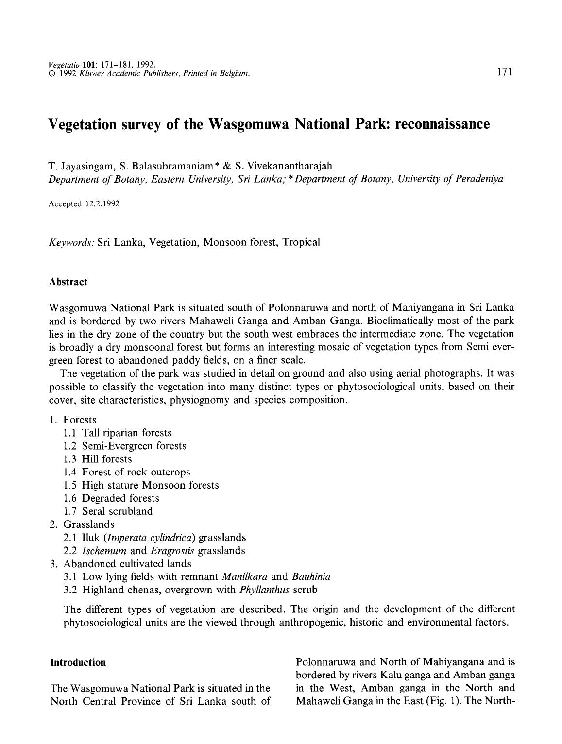 Vegetation survey of the Wasgomuwa National Park: reconnaissance by Unknown