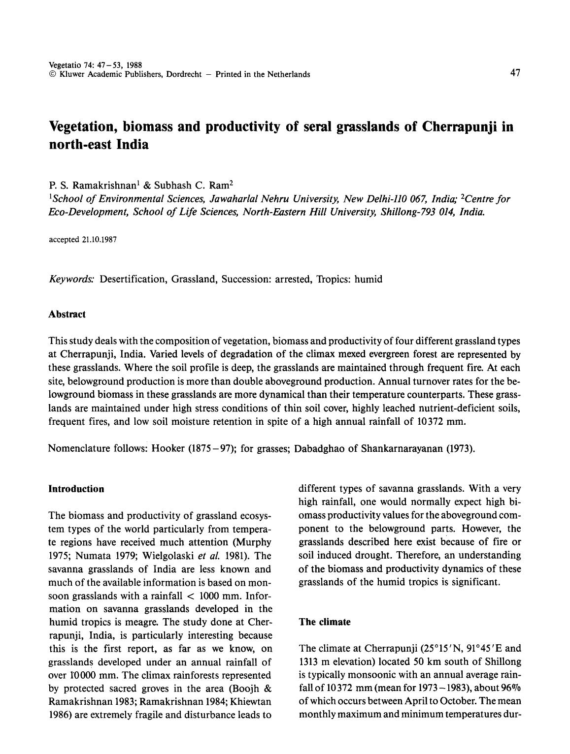 Vegetation, biomass and productivity of seral grasslands of Cherrapunji in north-east India by Unknown