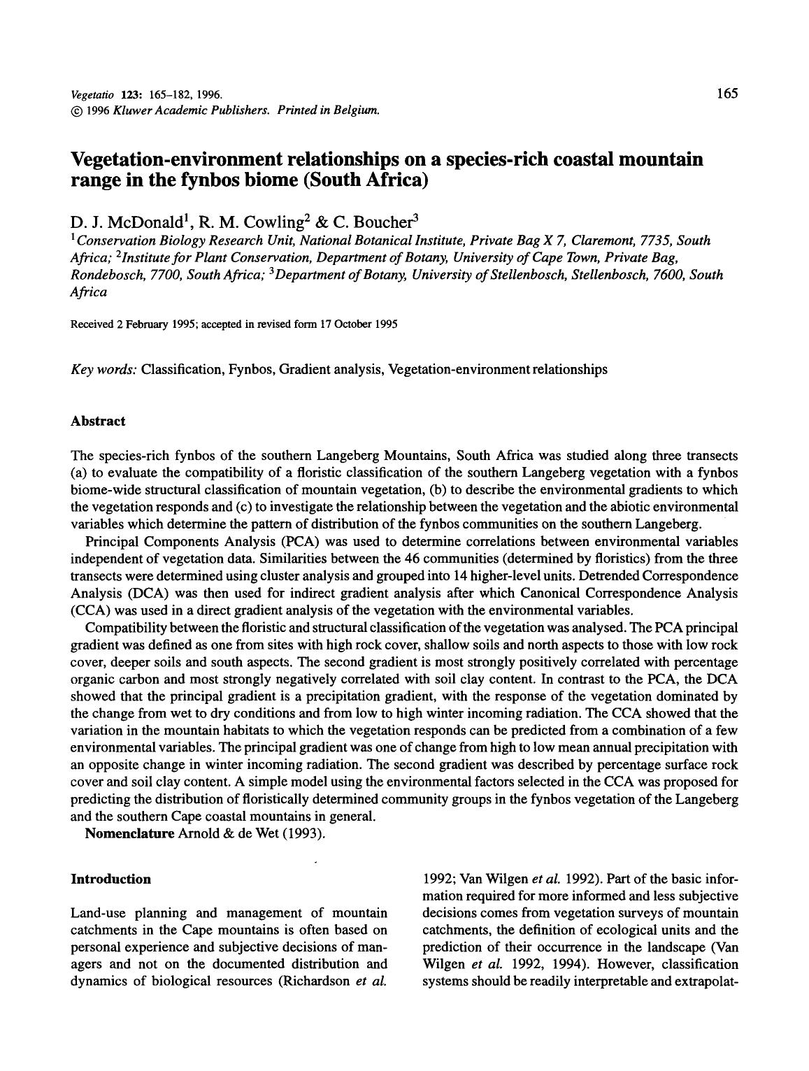 Vegetation-environment relationships on a species-rich coastal mountain range in the fynbos biome (South Africa) by Unknown