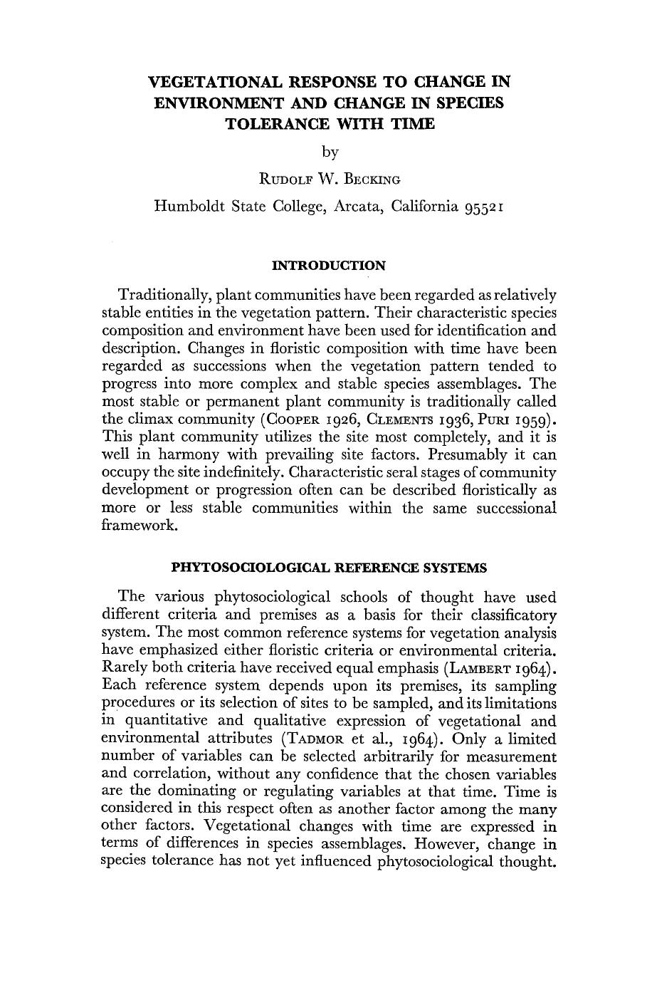Vegetational response to change in environment and change in species tolerance with time by Unknown