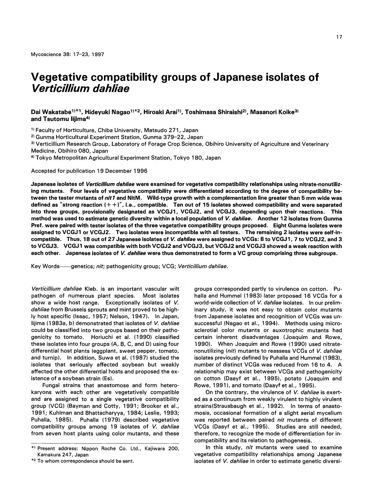 Vegetative compatibility groups of Japanese isolates of <Emphasis Type="Italic">Verticillium dahliae <Emphasis> by Unknown
