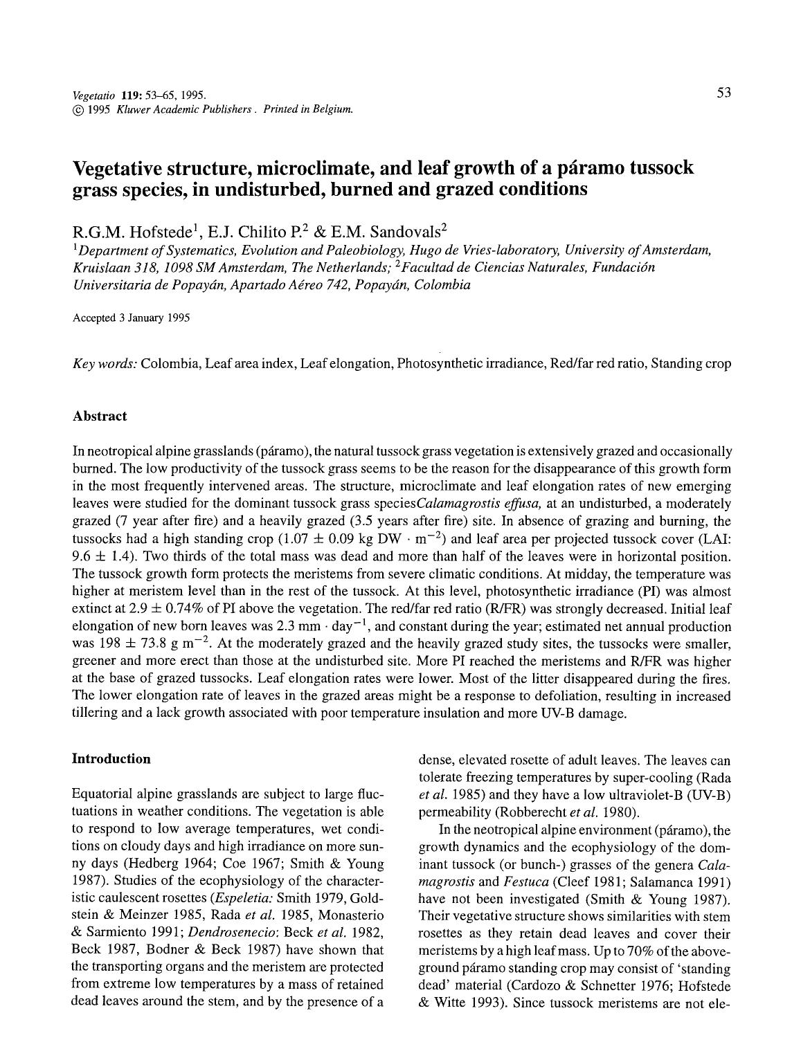 Vegetative structure, microclimate, and leaf growth of a páramo tussock grass species, in undisturbed, burned and grazed conditions by Unknown