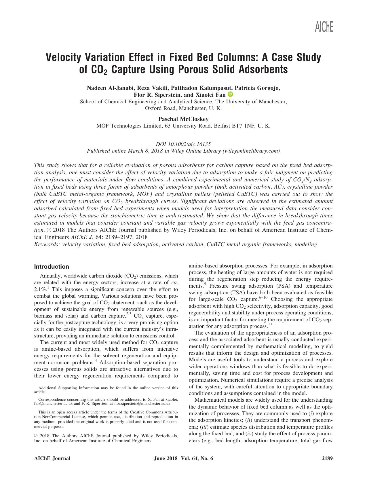 Velocity Variation Effect in Fixed Bed Columns: A Case Study of CO2 Capture Using Porous Solid Adsorbents by Unknown