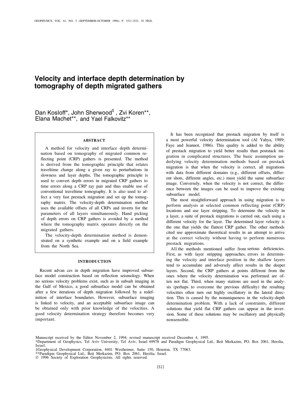 Velocity and interface depth determination by tomography of depth migrated gathers by D. Kosloff J. Sherwood Z. Koren E. Machet Y. Falkovitz