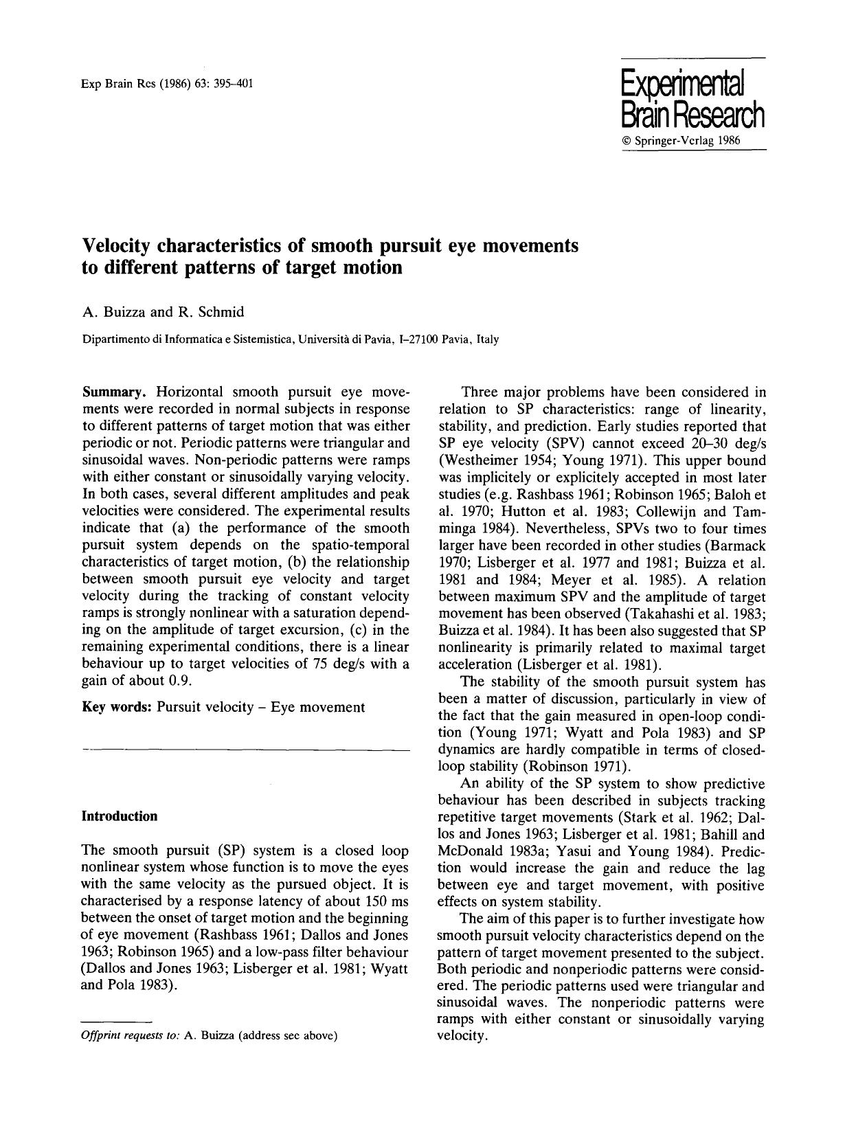Velocity characteristics of smooth pursuit eye movements to different patterns of target motion by Unknown