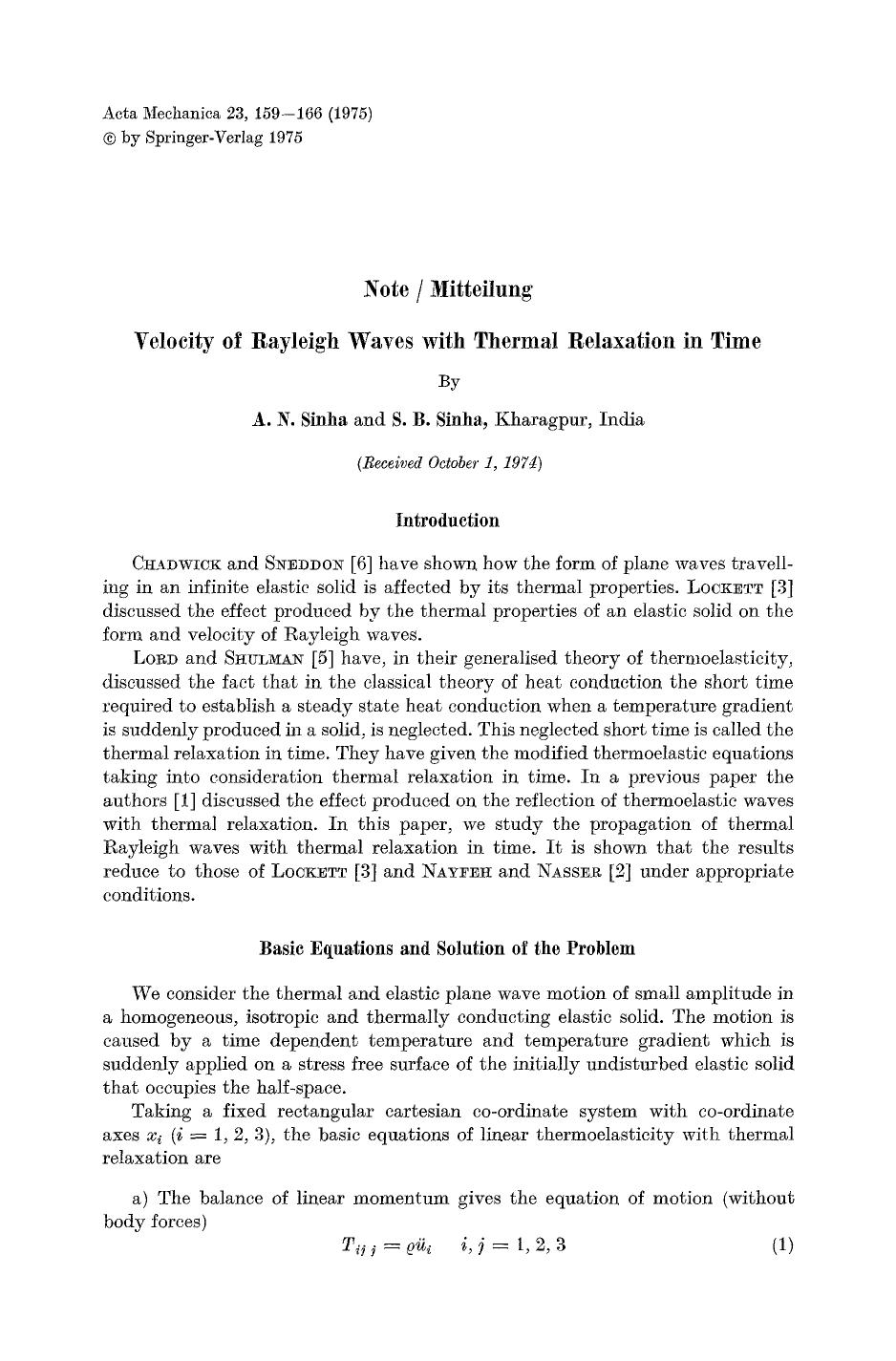 Velocity of Rayleigh waves with thermal relaxation in time by Unknown