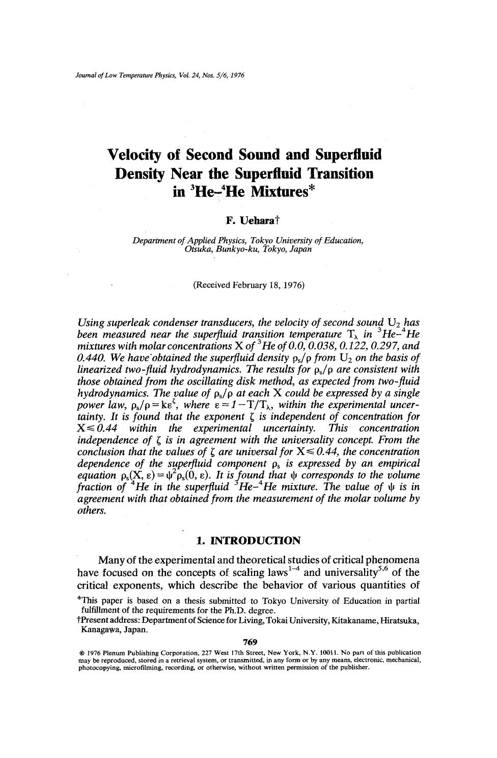 Velocity of second sound and superfluid density near the superfluid transition in <Superscript>3 <Superscript>He- <Superscript>4 <Superscript>He mixtures by Unknown