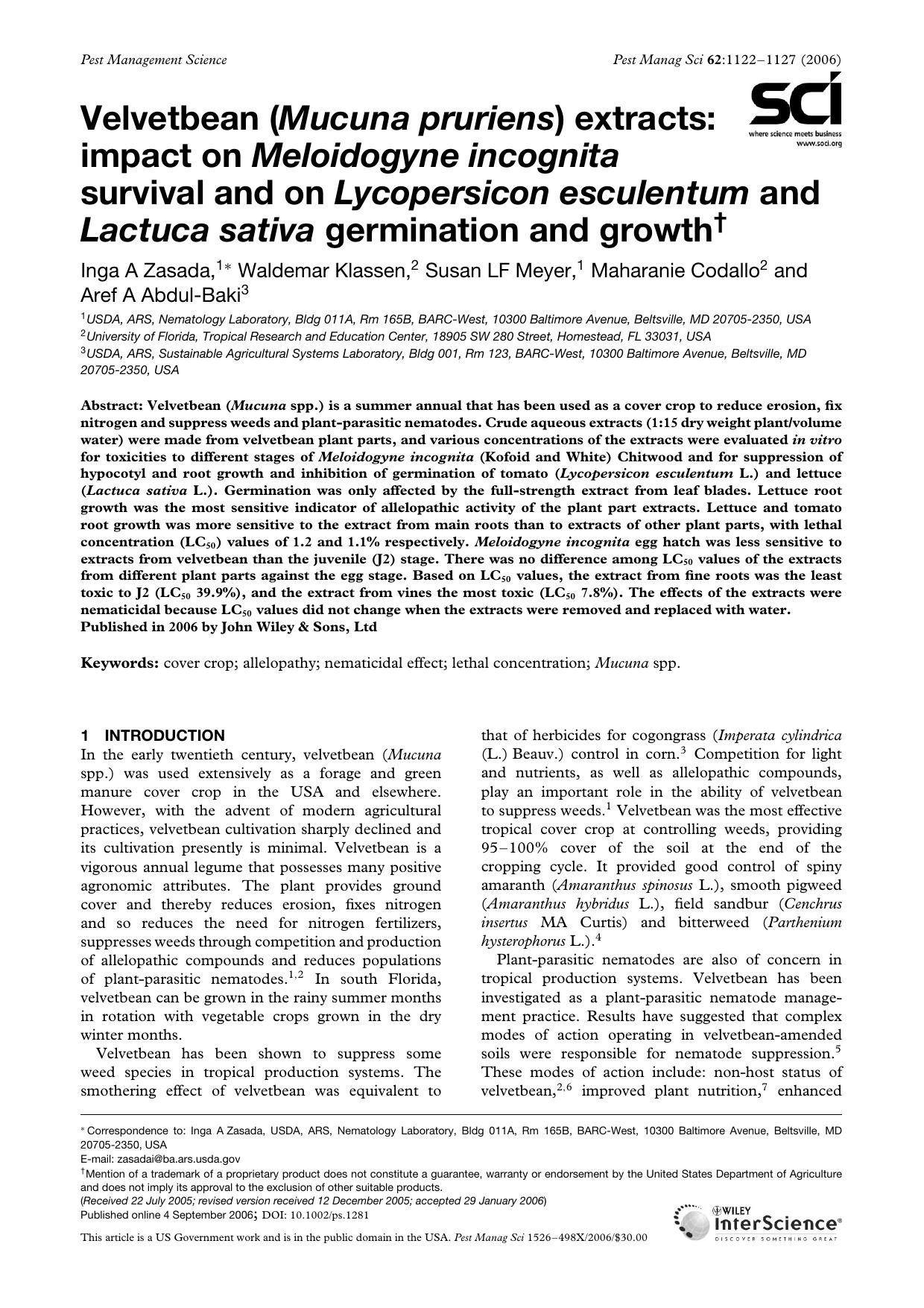 Velvetbean (Mucuna pruriens) extracts: impact on Meloidogyne incognita survival and on Lycopersicon esculentum and Lactuca sativa germination and growth by Unknown