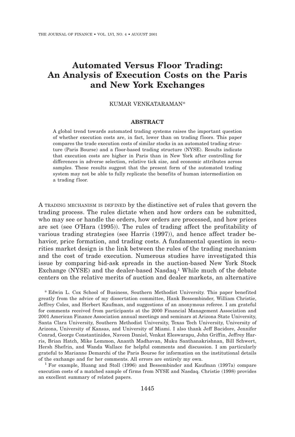 Venkataraman-Automated Versus Floor Trading An Analysis Of Execution Costs On The Paris And New York Exchanges by Unknown