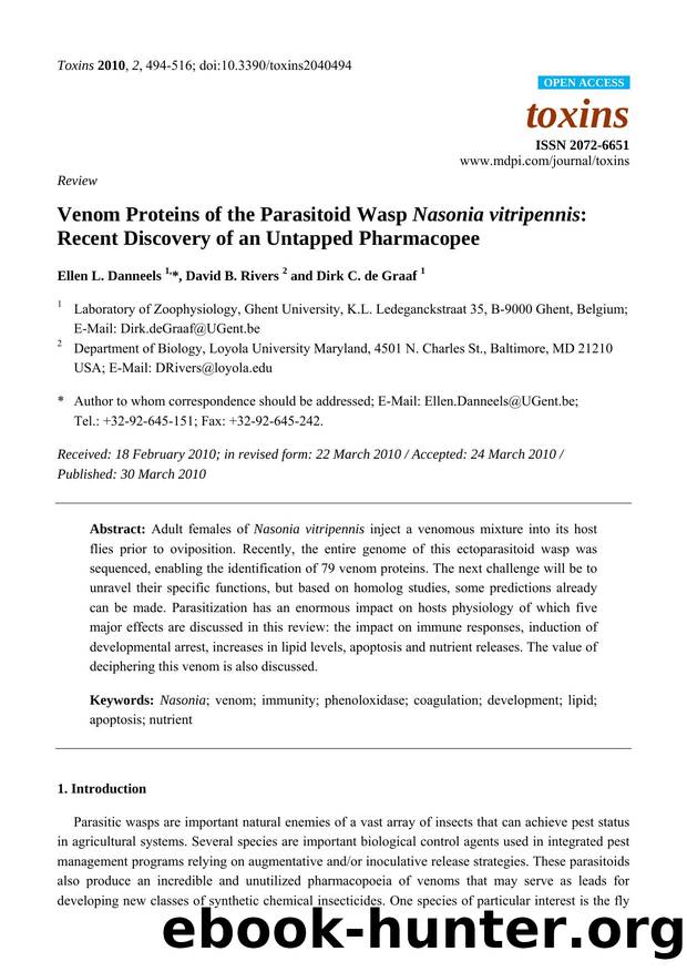 Venom Proteins of the Parasitoid Wasp Nasonia vitripennis: Recent Discovery of an Untapped Pharmacopee by Ellen L. Danneels & David B. Rivers & Dirk C. de Graaf