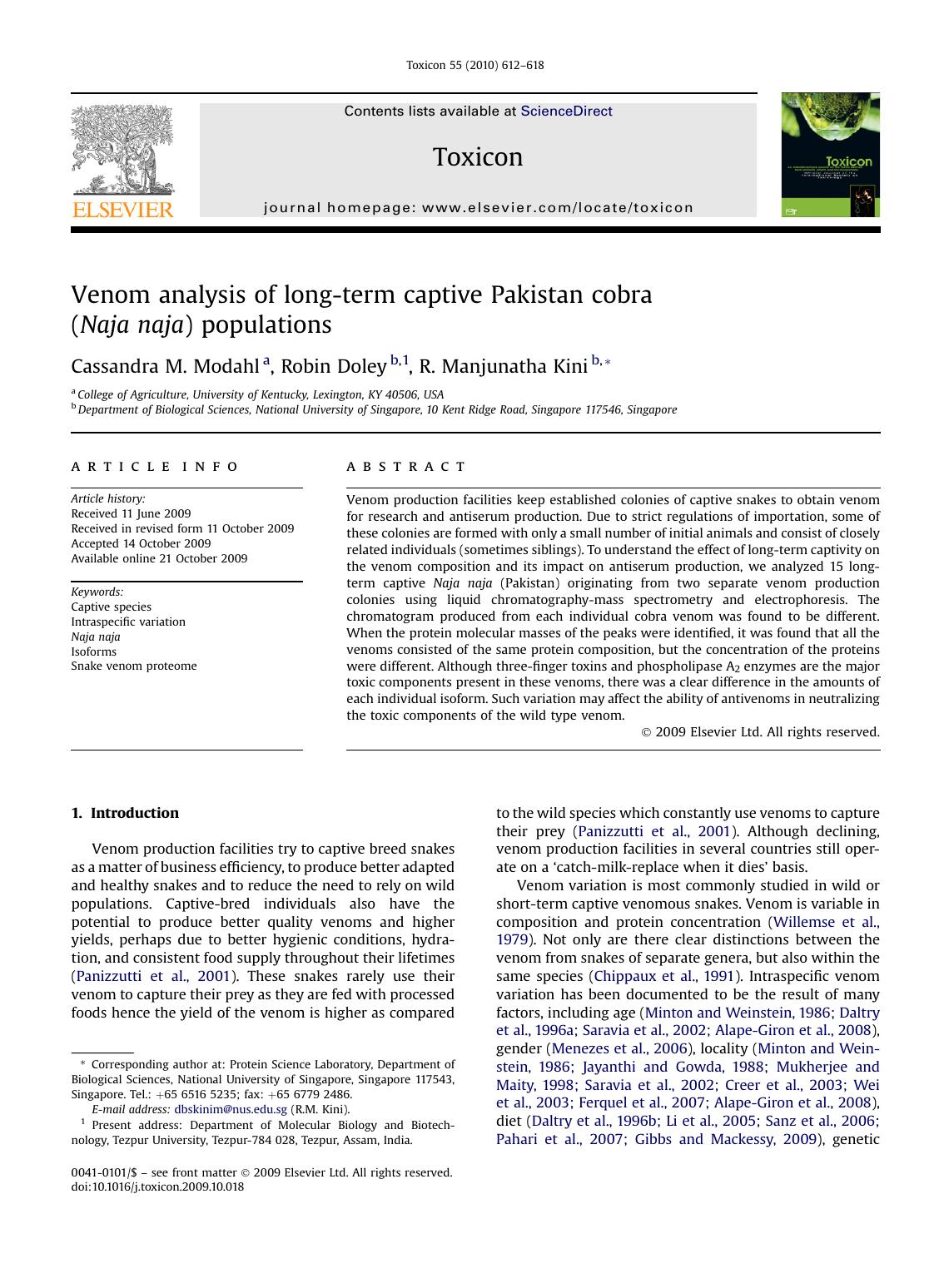 Venom analysis of long-term captive Pakistan cobra (Naja naja) populations by Cassandra M. Modahl; Robin Doley; R. Manjunatha Kini