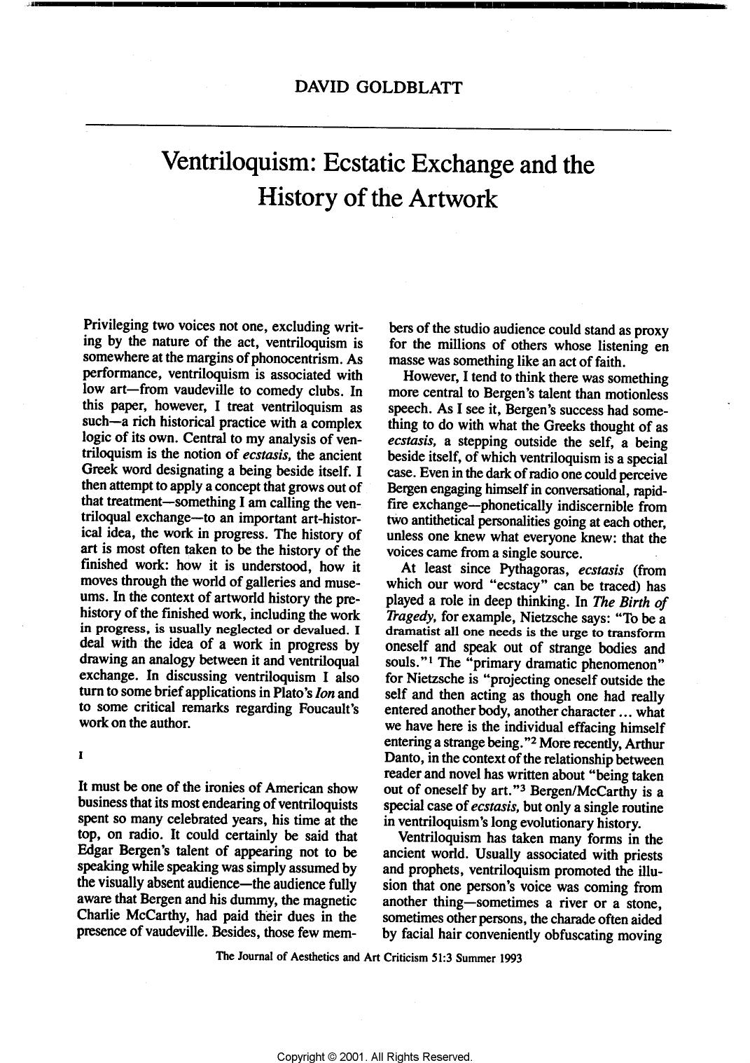 Ventriloquism: Ecstatic exchange and the history of the artwork. by Unknown