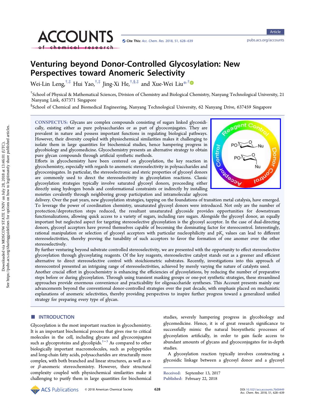 Venturing beyond Donor-Controlled Glycosylation: New Perspectives toward Anomeric Selectivity by Wei-Lin Leng Hui Yao Jing-Xi He & Xue-Wei Liu
