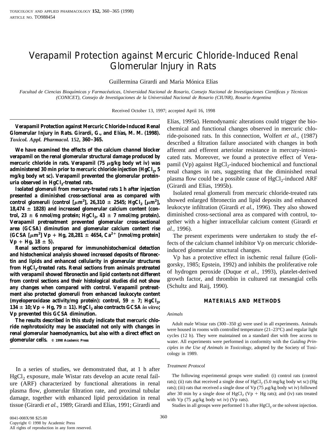 Verapamil Protection against Mercuric Chloride-Induced Renal Glomerular Injury in Rats by Girardi G. et al