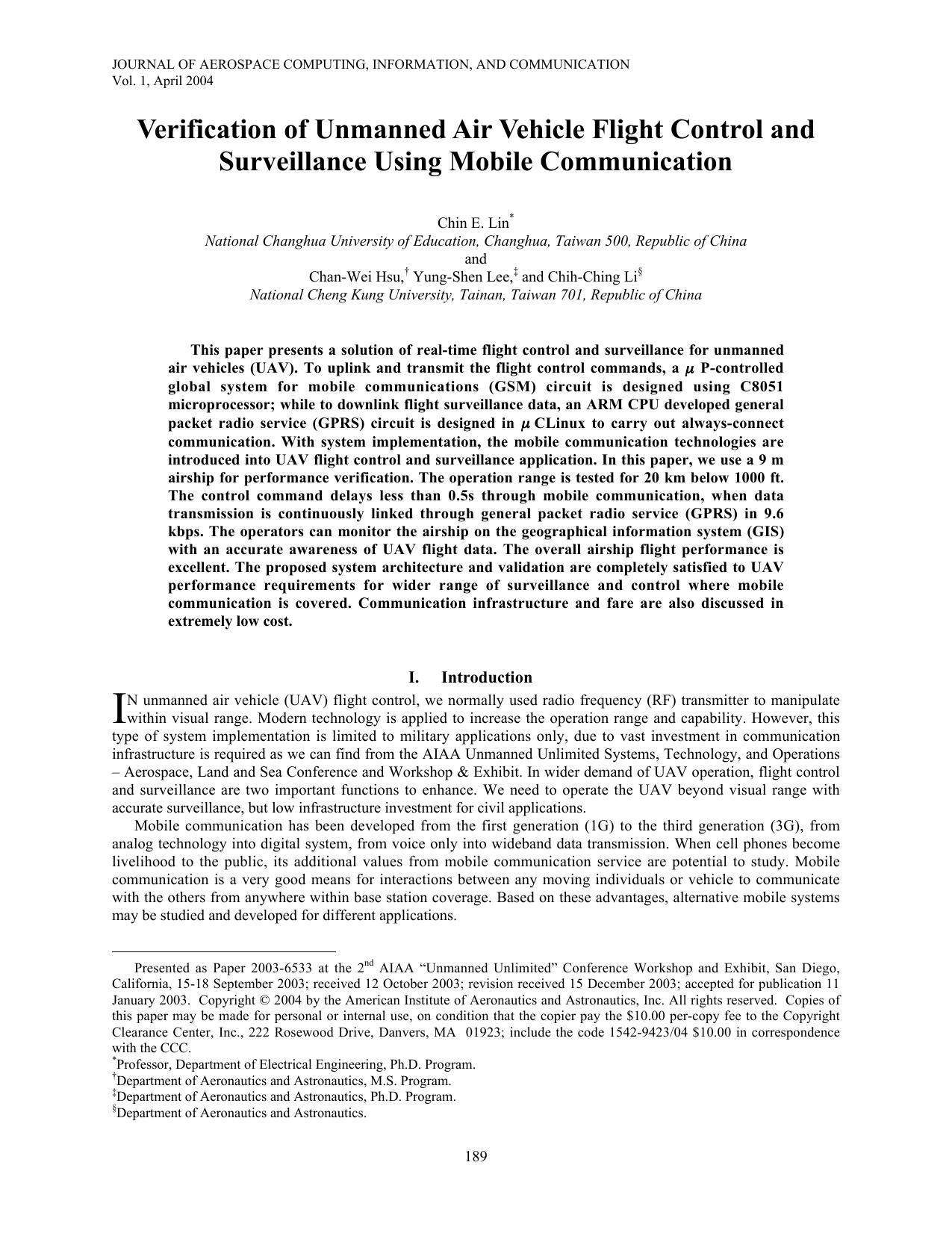 Verification of Unmanned Air Vehicle Flight Control and Surveillance Using Mobile Communication by Unknown