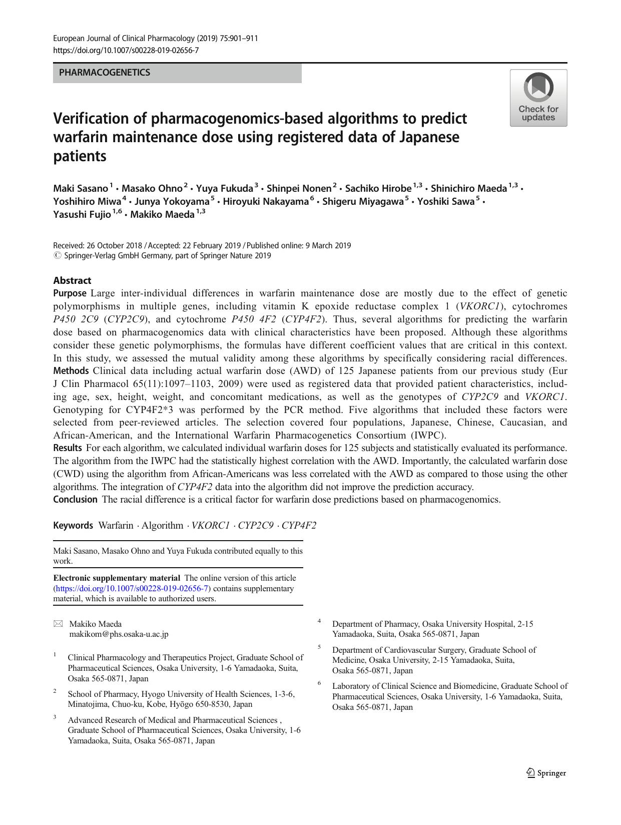 Verification of pharmacogenomics-based algorithms to predict warfarin maintenance dose using registered data of Japanese patients by unknow